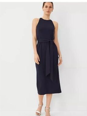Sleeveless Navy Tie-Waist Midi Dress